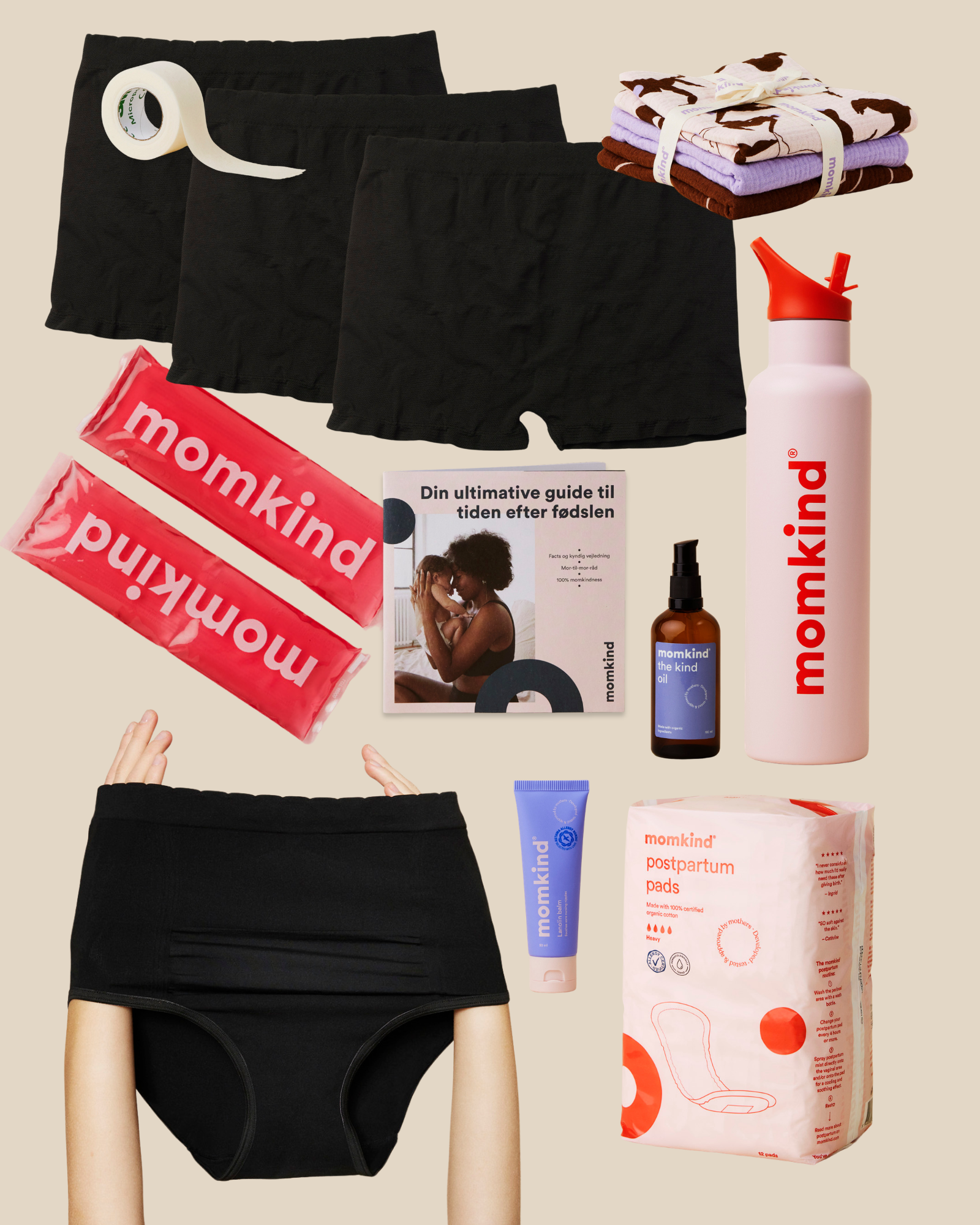 Efterfødselsbind, lanolin balm, kejsersnittrusser, efterfødselstrusser, sovemaske, termo drikkedunk, varme/køle pose, the kind olie, englehud plaster og guide til tiden efter fødslen.