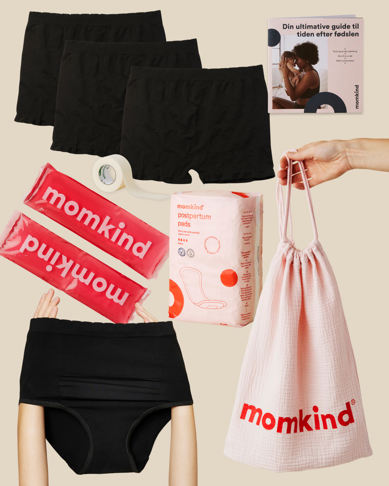 Englehud plaster, efterfødselsbind, efterfødselstrusser, kejsersnittrusser og køle/varme pose, guide til efter fødslen og momkind pose.