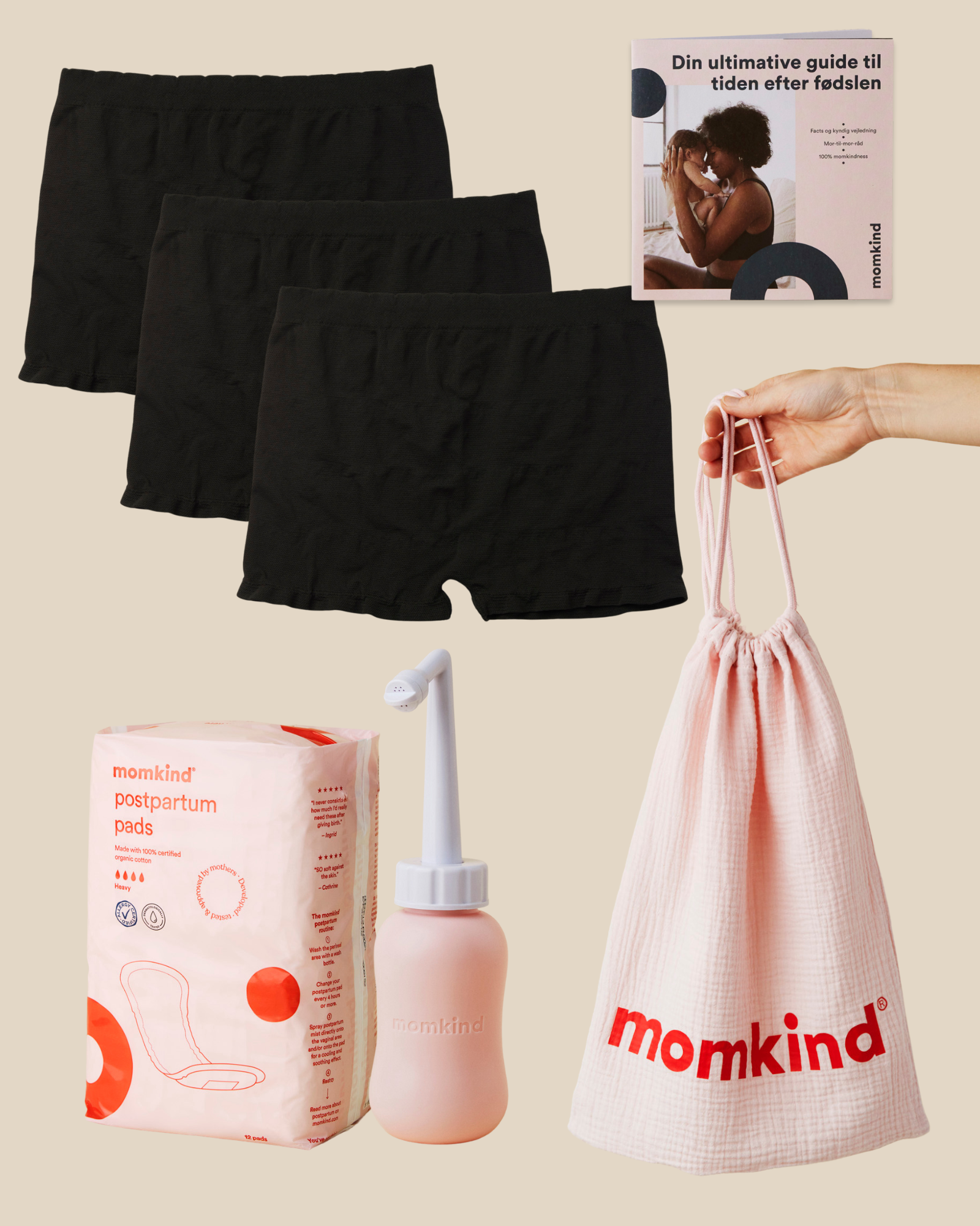 Efterfødselsbind, efterfødselstrusser, skylleflaske, guide til efter fødslen og momkind pose.