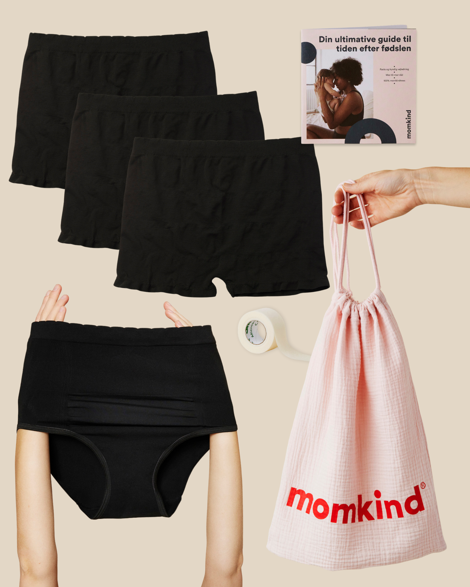 Englehud plaster, efterfødselstrusser, kejsersnittrusser, guide til efter fødslen og momkind pose.