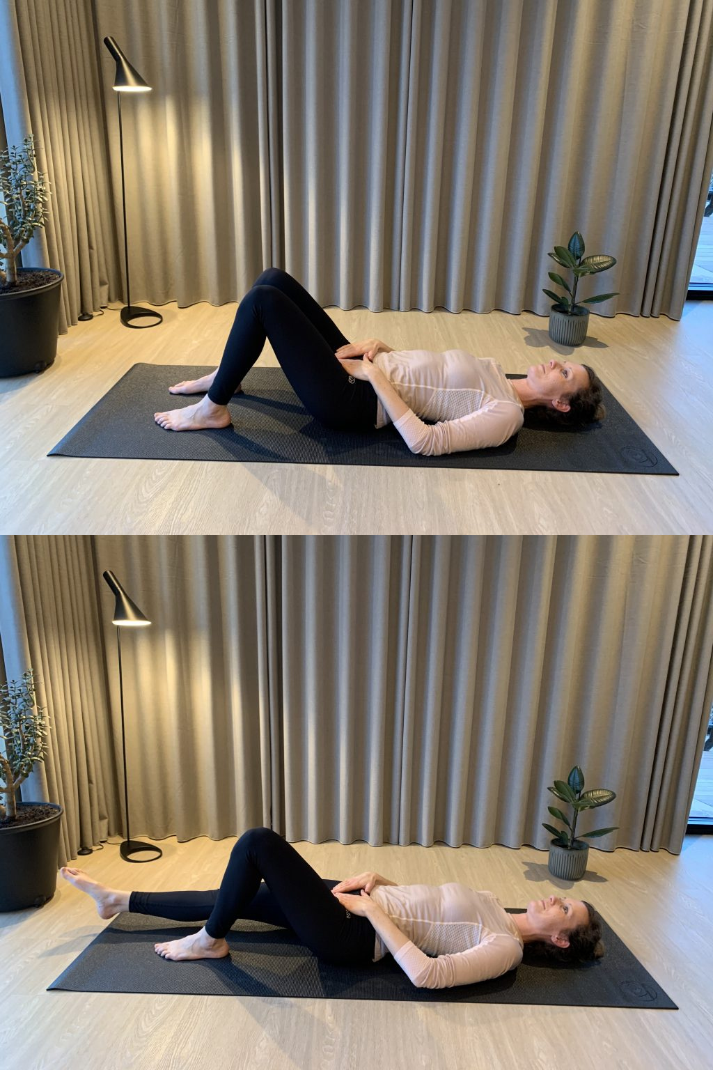 øvelse til delte mavemuskler stræk ben med kerneaktivering