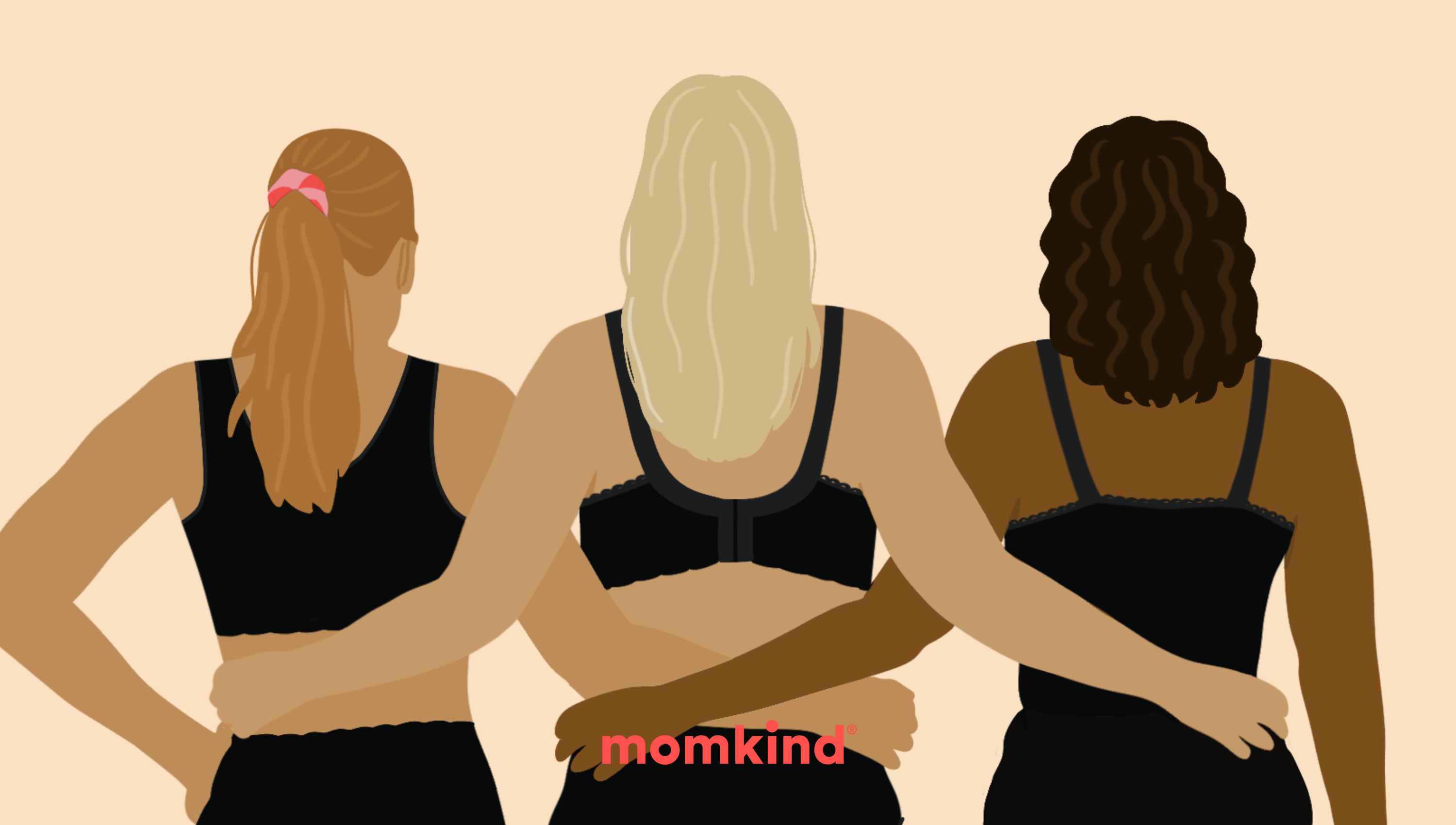 tre kvinder står med armene om hinanden med momkind gravidtøj og efterfødselstøj på