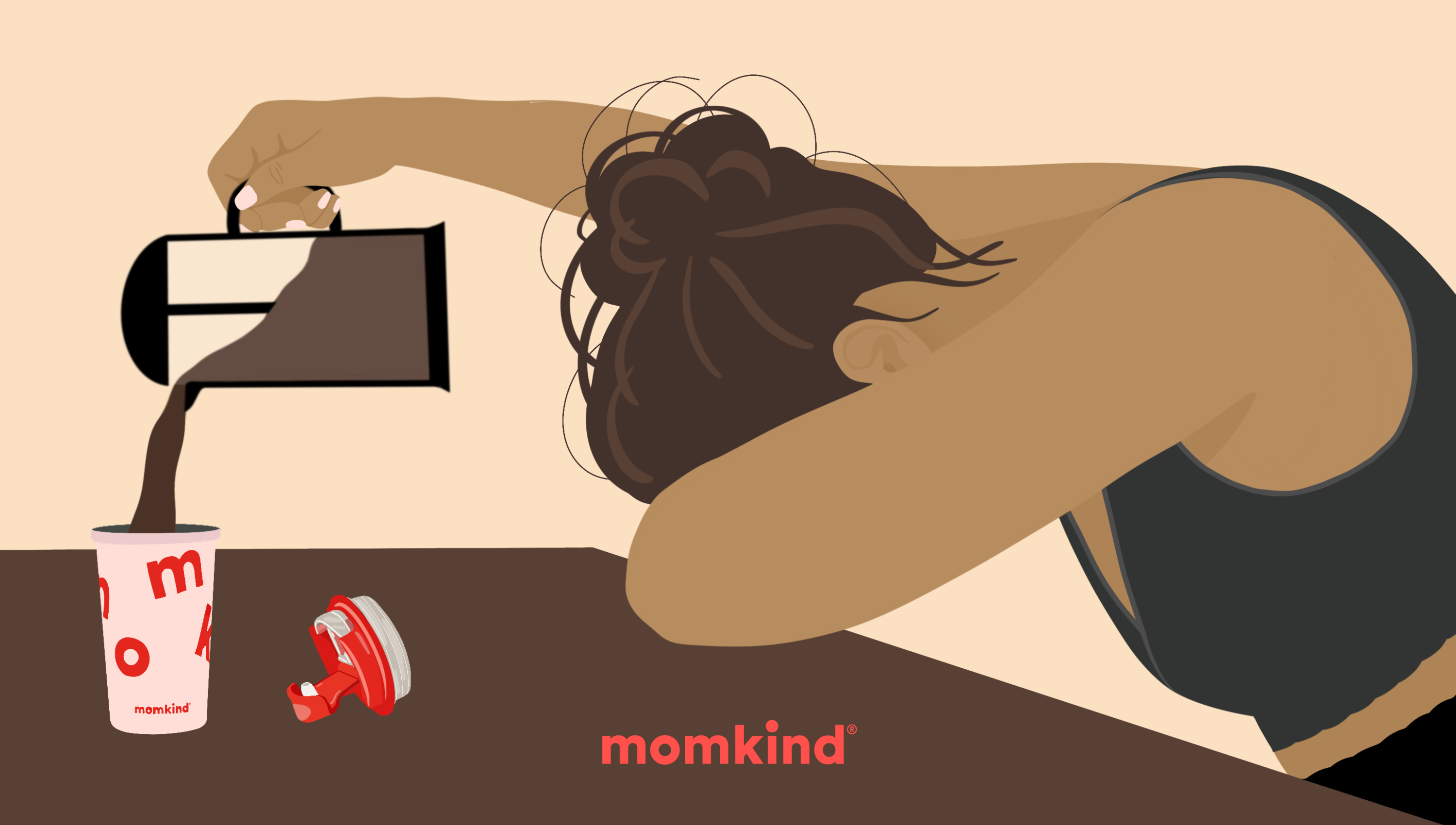 hårtab efter fødsel træt mor står foroverbøjet og hælder kaffe op i termokop fra momkind