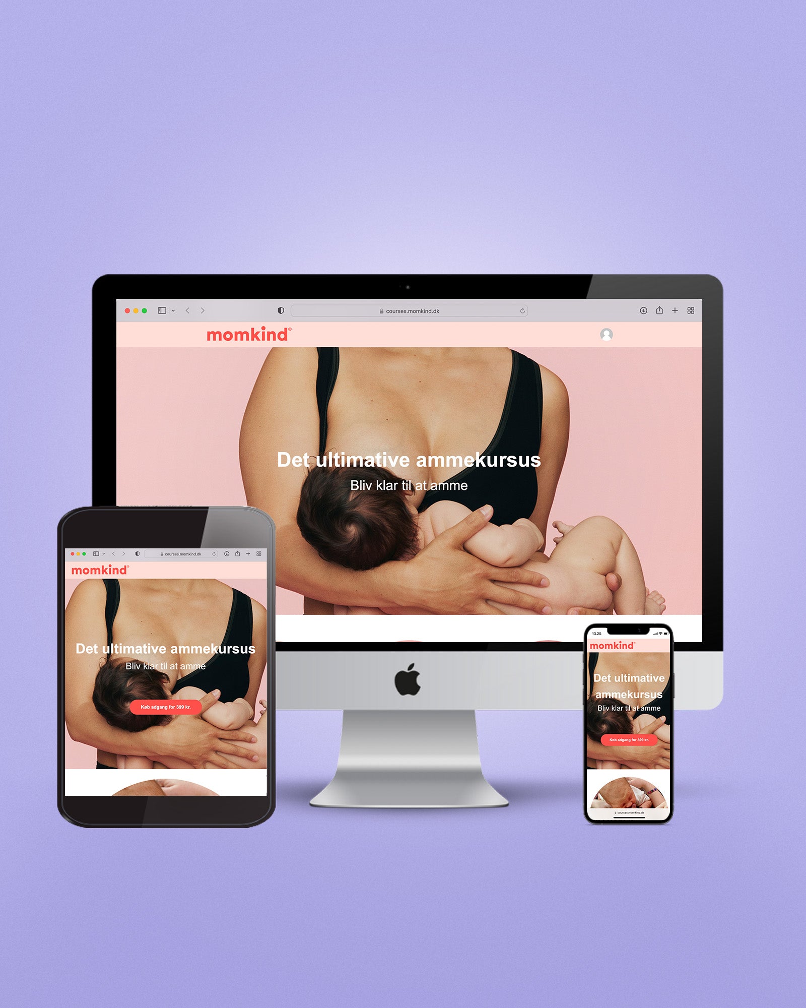 Billede af MacBook, iPad og iPhone som alle viser at momkind tilbyder det ultimative ammekursus. På billedet ammer kvinde sin baby.