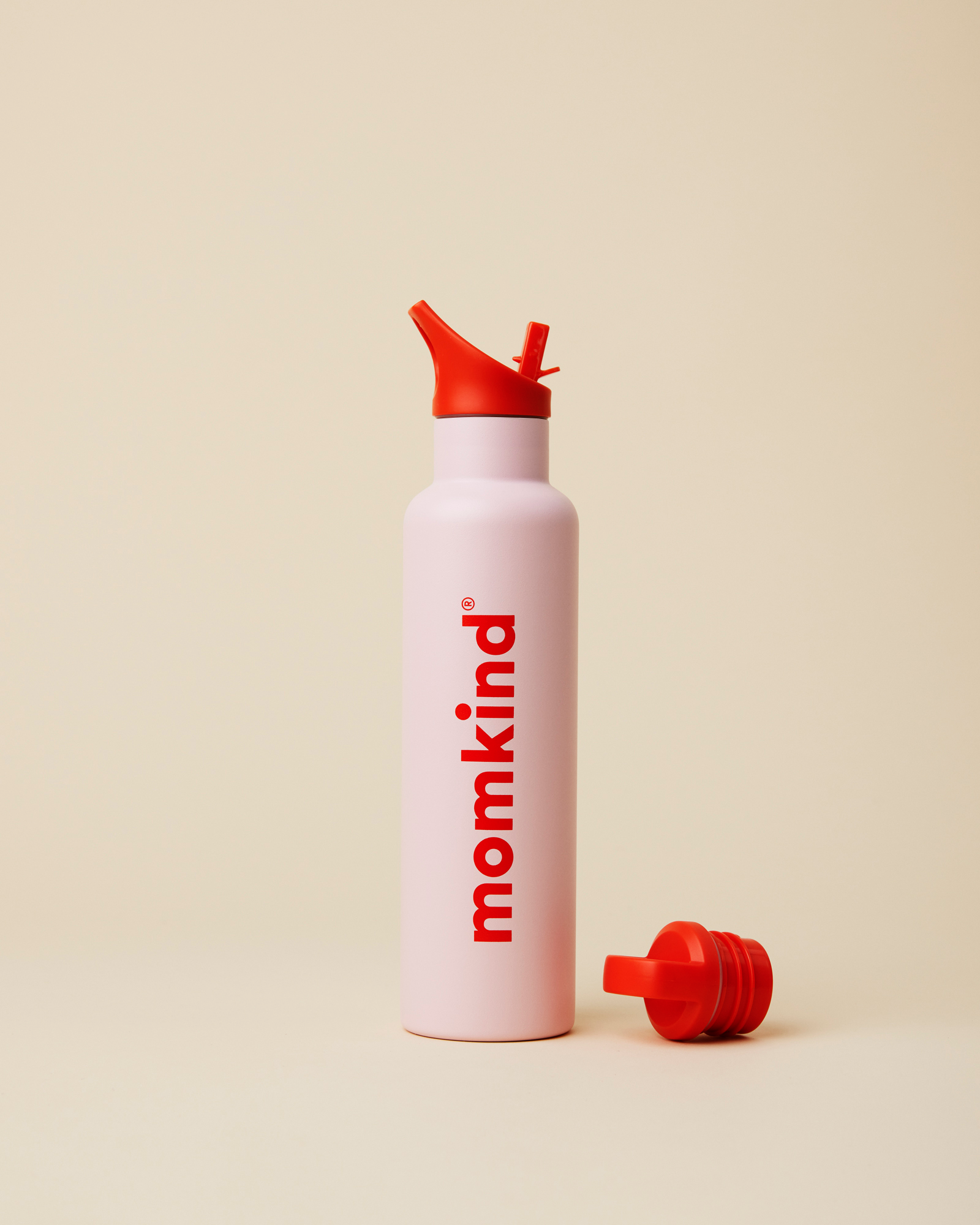 lyserød momkind termo drikkedunk med rødt låg med sugerør