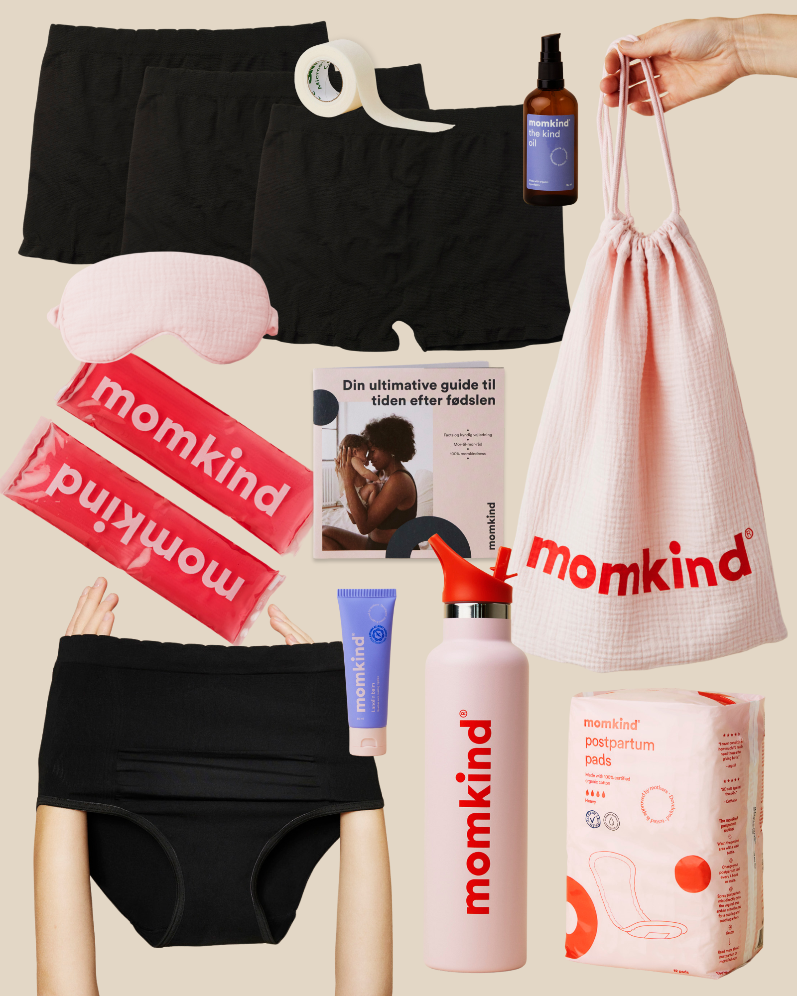 Efterfoedselsbind, lanolin balm, kejsersnittrusser, efterfoedselstrusser, sovemaske, drikkedunk, varme/koele pose, olie, englehud plaster og guide til tiden efter foedslen. 