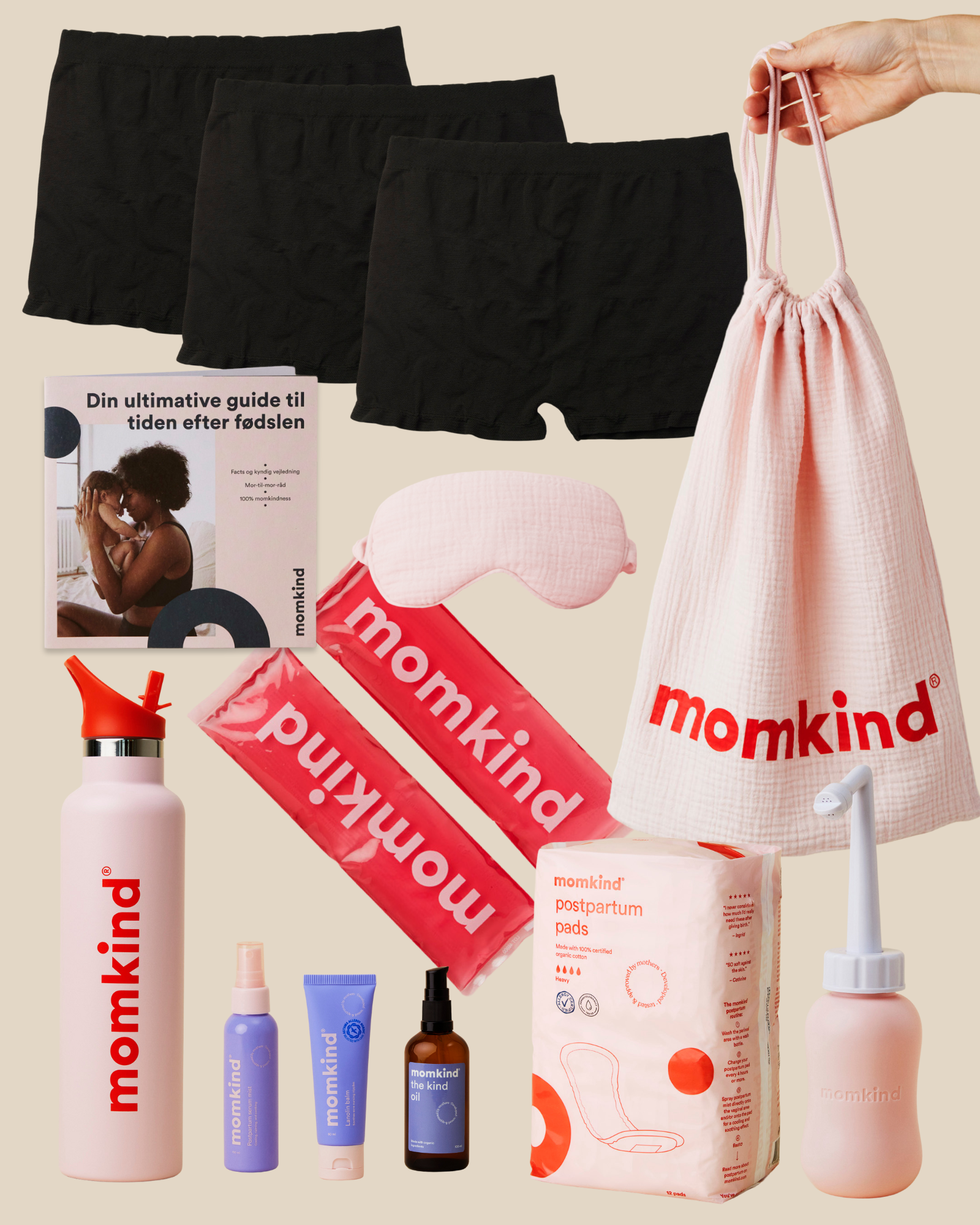 Skylleflaske, postpartum serum mist, the kind oil, lanolin balm, efterfoedselsbind, koele/varme pose, efterfoedselstrusser og termo drikkedunk, guide til efter foedsel og momkind pose.