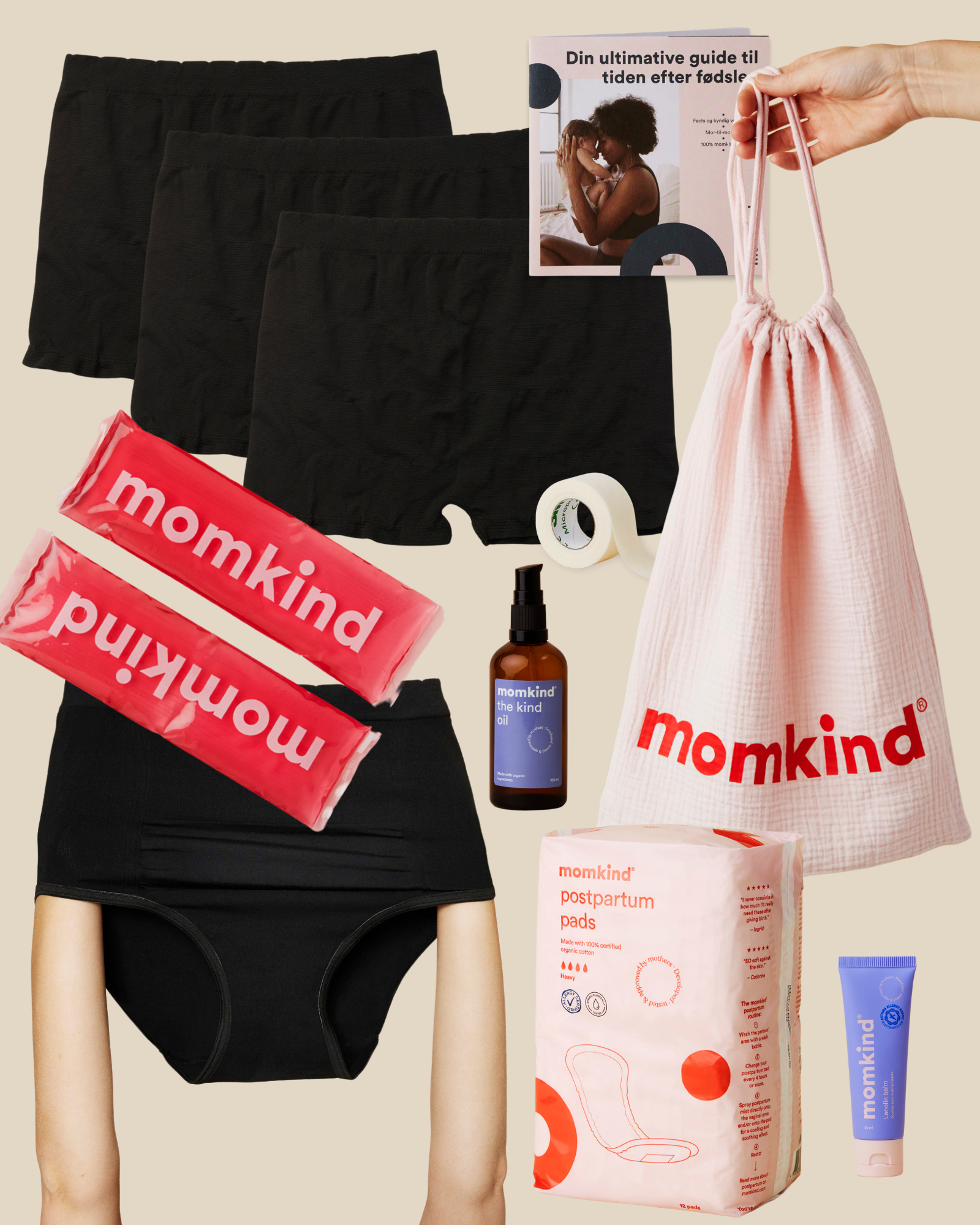 Efterfoedselsbind, englehud plaster, lanolin balm, the kind oil, koele/varme pose, kejsersnittrusser og efterfoedselstrusser, guide til efter foedsel og momkind pose.