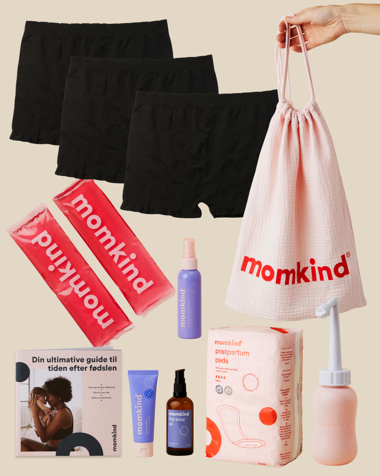 Skylleflaske, postpartum serum mist, the kind oil, lanolin balm, efterfoedselsbind, koele/varme pose, efterfoedselstrusser, guide til efter foedslen og momkind pose.