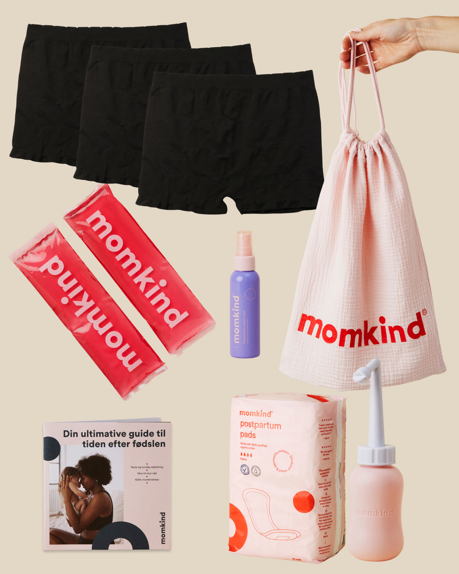skylleflaske, etferfoedselsbind, efterfoedselstrusser, postpartum serum mist, køle/varme pose, guide til efter foedsel og momkind pose.
