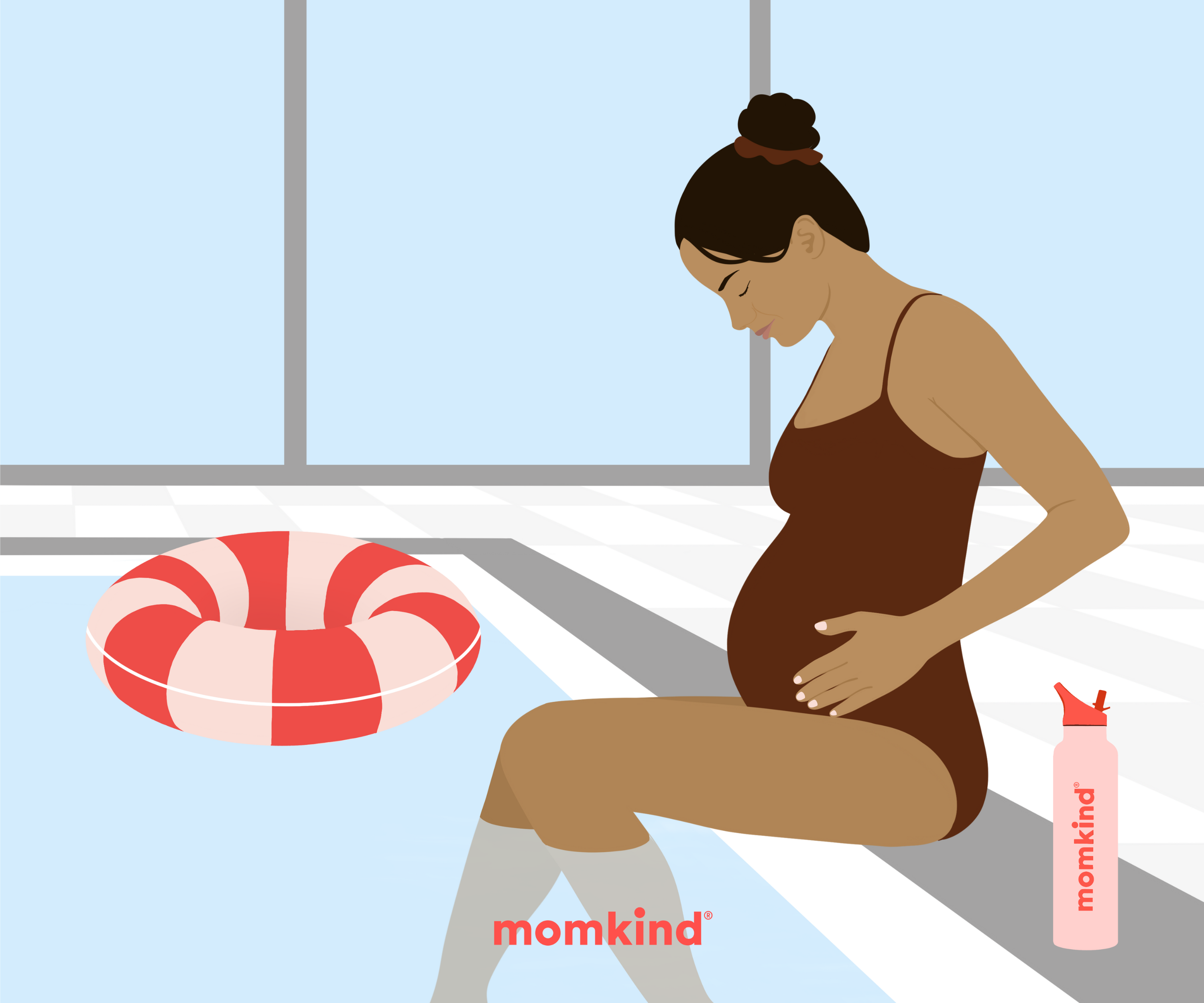 gravid kvinde i badedragt, sidder på kanten af bassin i svømmehal