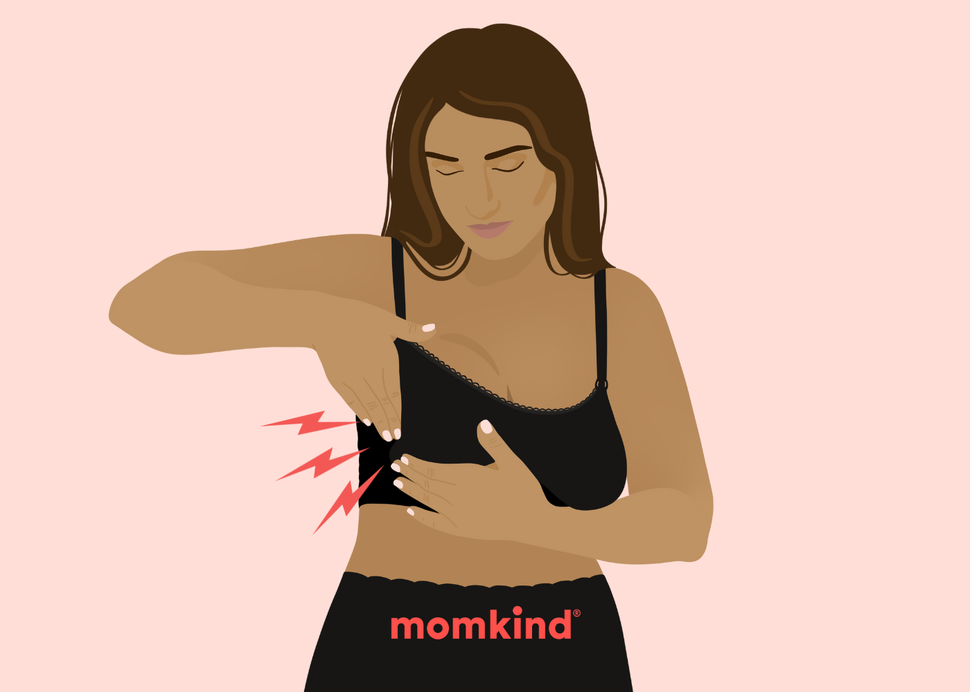 illustration af kvinde iført amme bh der tager sig til brystet som hun har smerter i 
